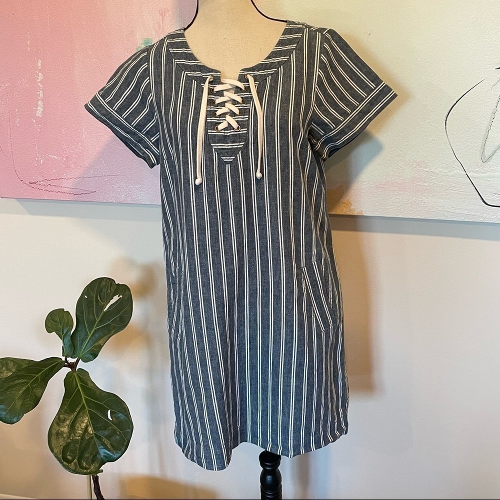 J.Crew Shift Dress Womens Blue White Lace Up Pockets Short Sleeve Sz Linen Blend